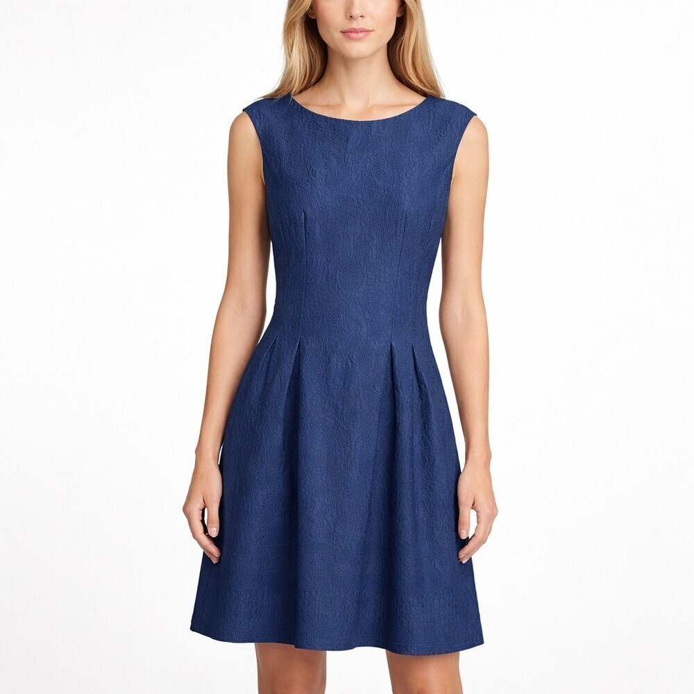 Taylor Navy Blue Floral Jacquard Fit And Flare Pleated Sleeveless Dress Size 6